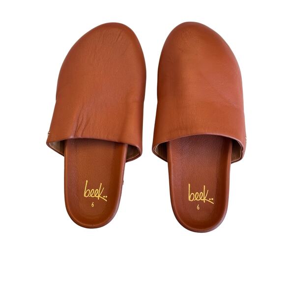 BEEK Cognac Brown Leather Slide Clogs Sz 6 Minimalist Slip-On Mules Quiet Luxury - Picture 1 of 6